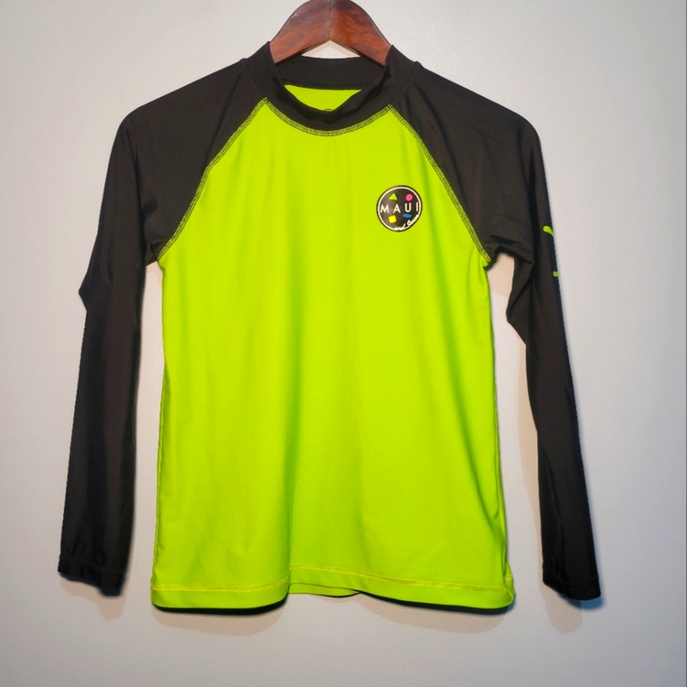 Maui and Sons Long Sleeve Rash Gaurd Water Shirt UPF 50+ Green &‎ Black Boys L